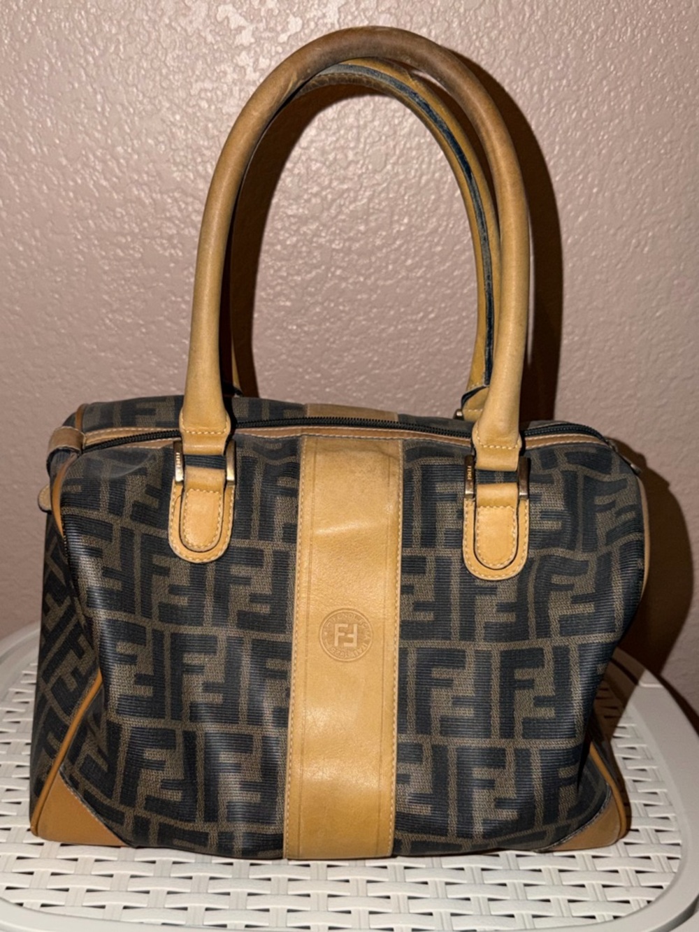 Vintage Fendi Brown Monogram Satchel with Tan Leather Trim